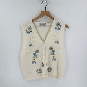 VTG Carolyn Taylor Floral Embroidered Button Front V Neck Sweater Vest Top Sz L